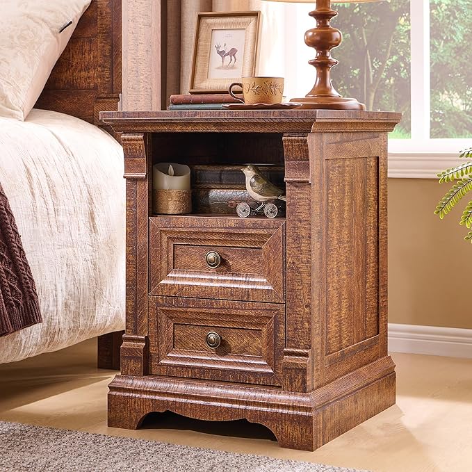 Farmhouse Nightstand with Charging Station, 18" End Table with 2 Drawers Storage and 1 Storage Shelf, Wooden Sofa Table w/Roman Column, , Bedside Cabinet for Bedroom, Living Room, Reclaimed Barnwood