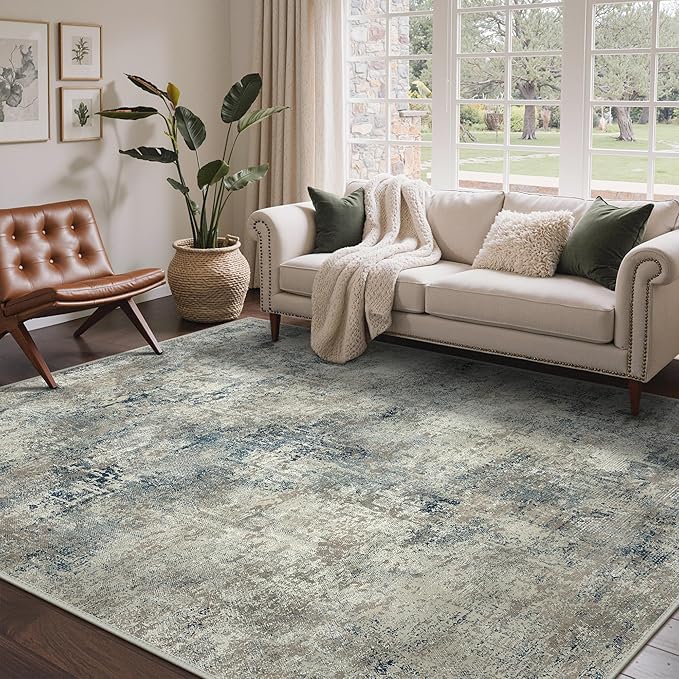 Area Rugs 10x12 for Living Room Bedroom, Modern Abstract Machine Washable Rug, Large Soft Low Pile Floor Carpet with Non Slip Backing for Dining Room, Light Gray Blue