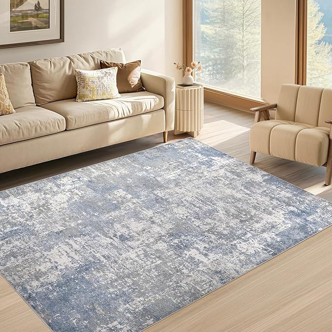 Tortania Washable 3x5 Area Rug - Modern Abstract Neutral Rugs Indoor Soft Thin Mat Non Slip Carpet for Entrance Front Door Living Room Bedroom Home Floor Decoration - Blue Grey