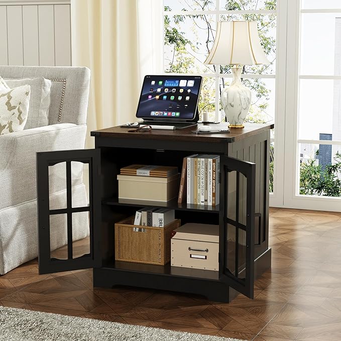 ChooChoo Rustic End Table, 24" Large Sofa Side Table with Charging Station & LED Light, Black Nightstand with Adjustable Storage Shelf, Square Bedside Table for Living Room, Bedroom, Office