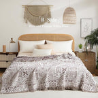 Boho Throw Blanket Full Size, Extra Large Soft Cozy Cotton Muslin Quilt Blanket for Bed Decor, Patchwork Block Couch Sofa Chair Cover, Vintage Farmhouse Cottage Woven Blanket, Brown&White