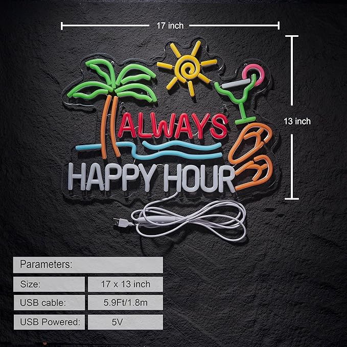 Always Happy Hour Beer Bar Neon Sign for Wall Décor Dimmable USB LED Neon Light for Home Tiki Bar Decor Man Cave Parties Gift