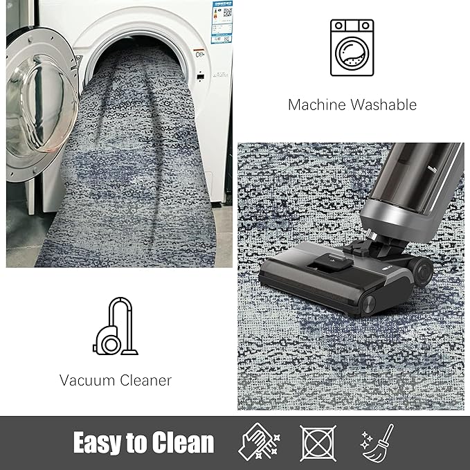 Washable Area Rug - 1/6" Thick Low-Pile - Stain & Water Resistant Non-Slip Backing - Pet & Child Friendly Vintage Speckled Design in Grey with Light Teal & White Accents (8' x 10')