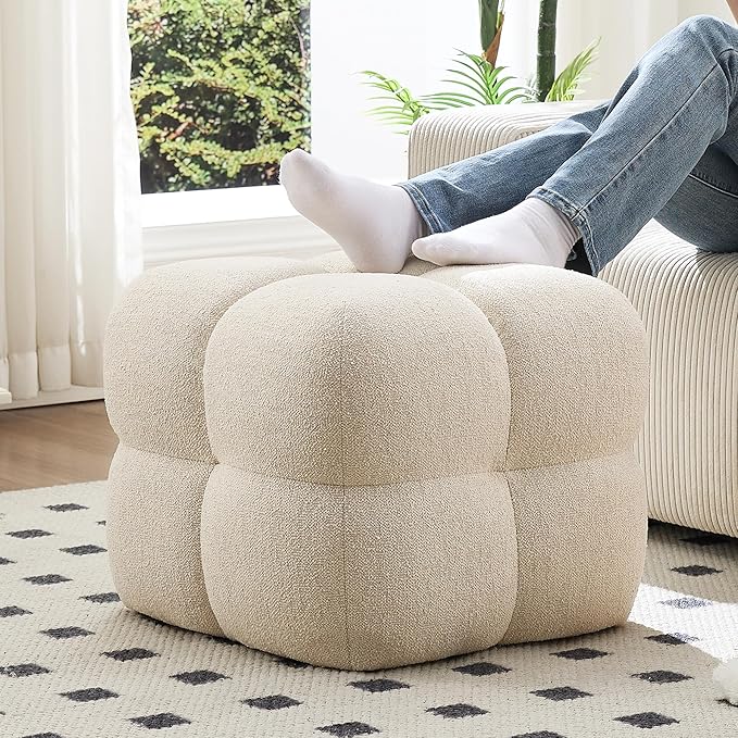 ONEVOG Beige Modern Ottoman, 21" Square Funky Pouf Ottoman, Linen Fabric Upholsered Foot Rest, Small Coffee Table & Couch Footstool & Vanity Chair for Living Room Bedroom, Dorm, Cute Pouf Home Decor