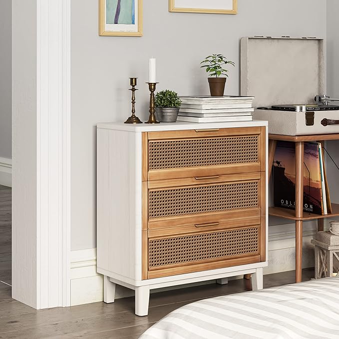 COZAYH Farmhouse 3-Drawer Nightstand, Rattan Cane Front Accent Dresser with Brass Pull, Distressed White
