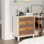 COZAYH Farmhouse 3-Drawer Nightstand, Set of 2 Rattan Cane Front Accent Dresser with Brass Pull, Distressed White