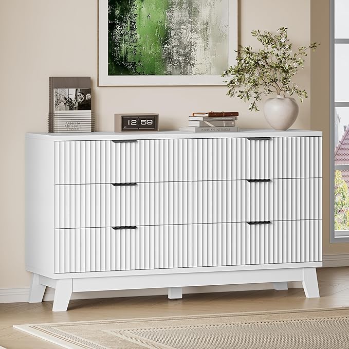 53" Long Dresser for Bedroom, 6-Drawer Dresser with Fluted Fronts, Wide Wood Chest of Drawers, Smooth Metal Slides, Stable Base, Modern Clothes Storage Cabinet for Living Room, Hallway
