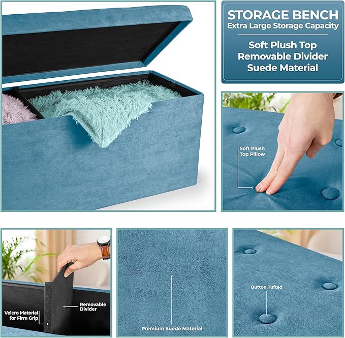 Sorbus Storage Ottoman Bench – Collapsible/Folding Bench Chest with Cover – Perfect Toy and Shoe Chest, Hope Chest, Pouffe Ottoman, Seat, Foot Rest, – Contemporary Faux Suede (Teal)