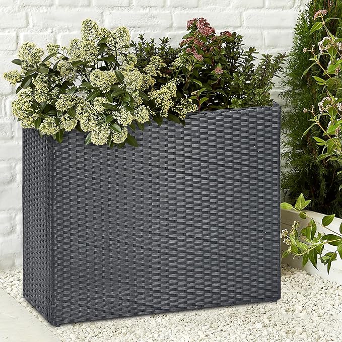 SUNNYPARK Tall Rectangular Planter with Removable Liner, All-Weather PE Rattan Large Modern Planters Indoor Outdoor Flower Plant Pots Garden Box Patio Yard Front Porch Deck
