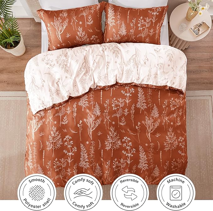 Love's cabin Terracotta Comforter Set Queen - Queen Size Comforter Set, 3 Pieces Cute Floral Bedding Sets for All Seasons,1 Soft Reversible Botanical Flowers Comforter and 2 Pillow Shams