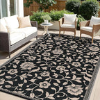 OLANLY Waterproof Outdoor Rug 6x9 ft, Outdoor Plastic Straw Rug with Flower Pattern, Reversible RV Mat for Patio, Camping, Balcony, Deck, Backyard, Black & Beige