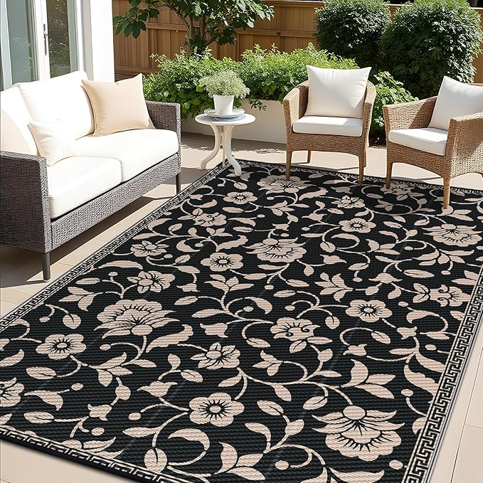 OLANLY Waterproof Outdoor Rug 8x10 ft, Outdoor Plastic Straw Rug with Flower Pattern, Reversible RV Mat for Patio, Camping, Balcony, Deck, Backyard, Black & Beige