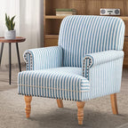 HUIMO Linen Fabric Accent Chair, Mid-Century Modern Armchair with Solid Wood Legs, Single Sofa Chair,Upholstered Reading Club Chair (1, Blue and White Stripe)