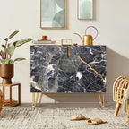 SIGNWIN Sideboard Buffet Cabinet, Kitchen Storage Cabinet with 2 Doors, Black & Gold Marble Granite Patterns, Cupboard Console Table for Dining Room - 35" L x 18" W x 29" H