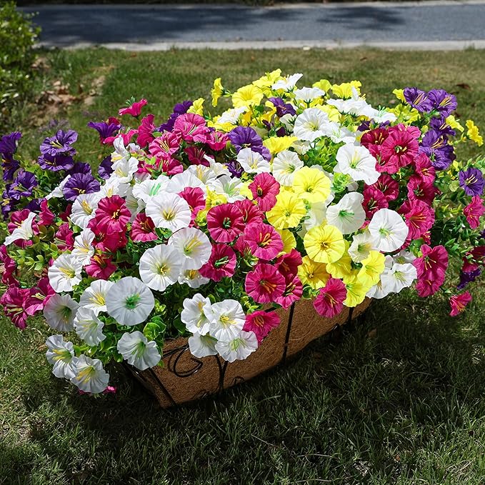 HyeFlora Artificial Flowers for Outdoors Fake Plants Outside Decoration, 12 Bundles Silk Colorful Morning Glory with Eucalyptus UV Resistant Realistic Faux Flowers for Planter Front Door Garden Yard