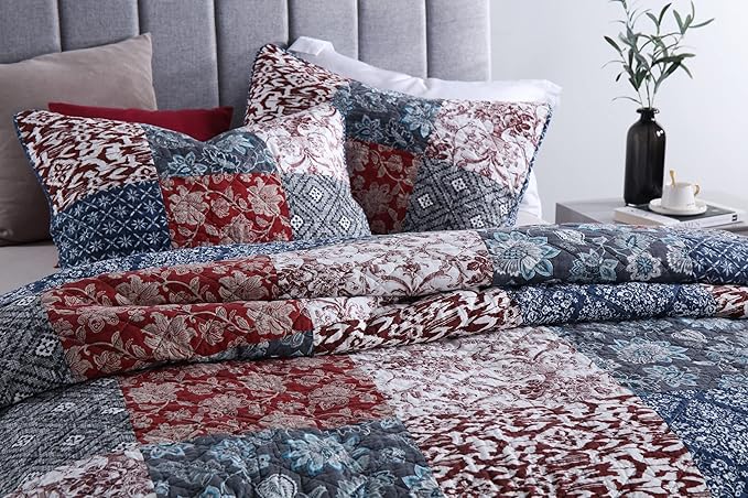 Yvooxny Quilts Queen Size 3-Piece Quilt Set Real Patchwork Bedspread Coverlet Set Quilted Bedding Set with Pillowcases for All Seasons, Farmhouse Bohemian Style