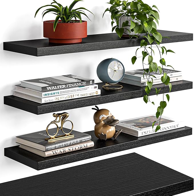 23’’Black Floating Shelves for Wall,Rustic Wood Shelf for Room Decor/Storage/Display,Small Bookshelf,Wall Mounted Hanging Shelves for Bedroom, Bathroom, Living Room, Kitchen,Set of 4