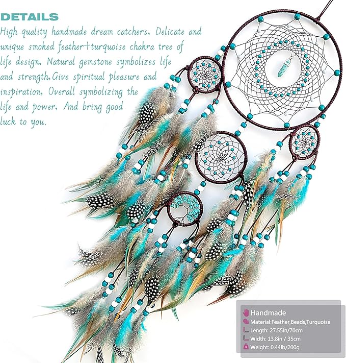Large Dream Catchers,Boho Handmade Woven Turquoise Dream Catcher Wall Hanging Ornament for Bedroom Living Room Apartment Wedding Party Decor, Festival Blessing Gift (Turquoise)
