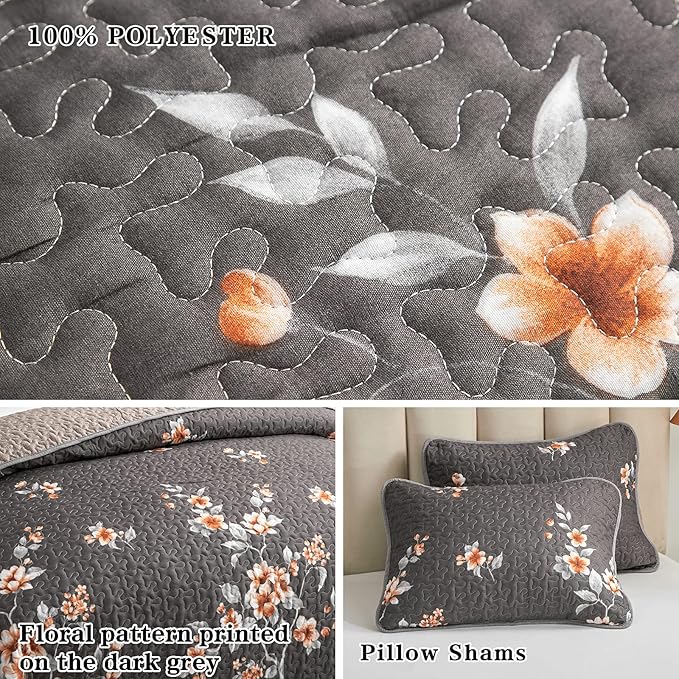2 Pieces Quilt Set Twin Size, Dark Gray Floral Reversible Bedspread Coverlet Set, Soft Microfiber Lightweight Bed Cover for Kids (68" x 86", 1 Quilt+ 1 Pillow Sham)