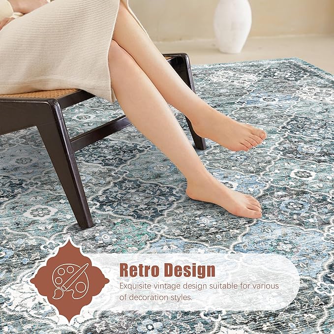 3' x 5 ' Washable Area Rug - Low Pile Soft Vintage Indoor Rug for Living, Dining or Bedroom - Lightweight Carpet with Non-Slip Backing - Foldable for Easy Placement, Ocean Blue
