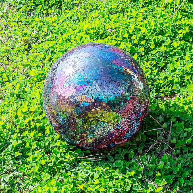 VCUTEKA Gazing Ball, Iridescent Crackled Glass Mosaic Gazing Balls Sphere for Garden Lawn Outdoor Ornament Yard Decorative, 10-Inch, Purple