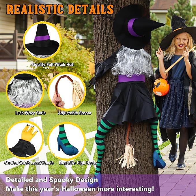 POPGIFTU 63" Crashing Witch Halloween Decoration – Flying Witch on Broom Into Tree Outdoor Yard Prop for Porch, Lawn, Garden, Pillars, Door, or Haunted House Decor
