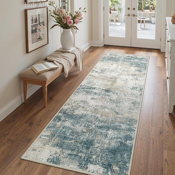 Runner Rug for Hallway Kitchen, 2'6"x6' Machine Washable Runners Rug for Entryway, Soft Modern Abstract Throw Rugs, Low Pile Floor Cover with Non Slip Backing, Navy Beige