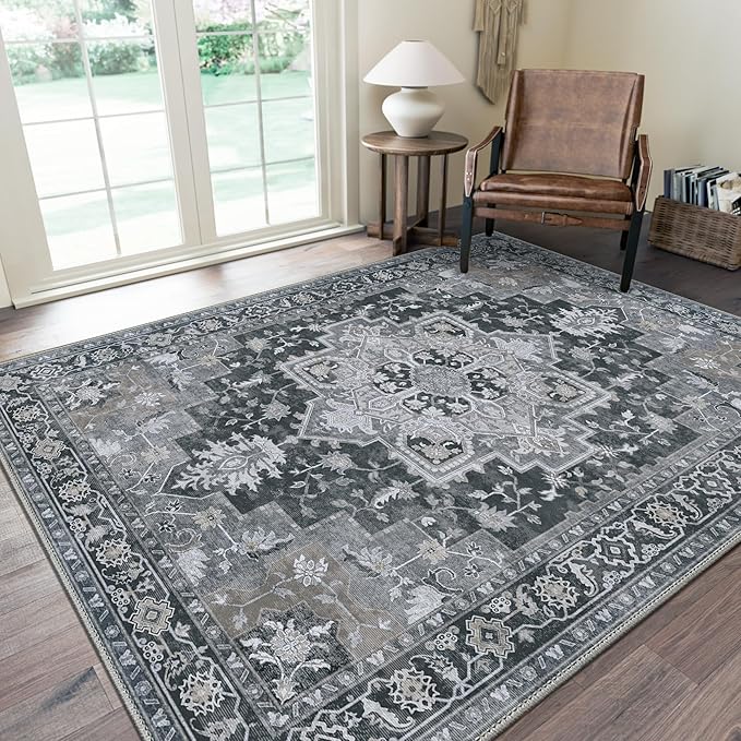 GENIMO 7'6''x9'6'' Area Rugs for Living Room, Machine Washable Non Slip Vintage Rugs, Low Pile Lightweight Chenille Print Rug for Bedroom, Dining Room, Home Office,Dark Gray
