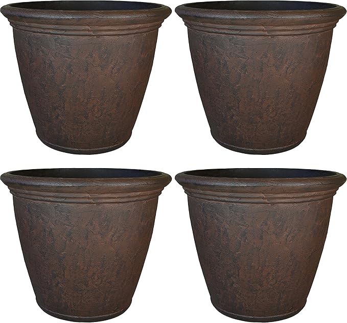 Sunnydaze 24-Inch Anjelica Large Plastic Pot for Plants - Outdoor Polyresin Round Planter with Drillable Drainage Holes - Rust - 4pk