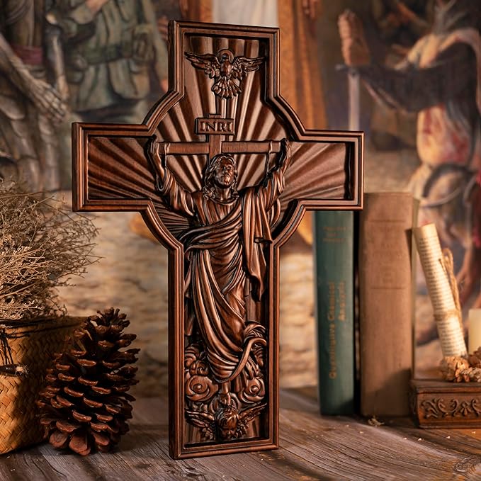 BGCOPPER Crucifix Wall Cross Handmade Wooden Cross for Wall with Hook, INRI Jesus Cross Wll Decor for Church Home Room Christmas Gifts