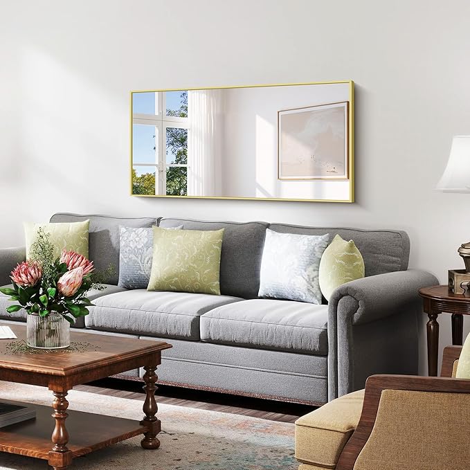 YIROMAN Bathroom Mirror 48"x24", Large Brushed Gold Bathroom Mirror for Over Sink with Aluminum Frame, Rectangular Vanity Mirror with Right Angle, Wall Mirror Hangs Horizontal or Vertical