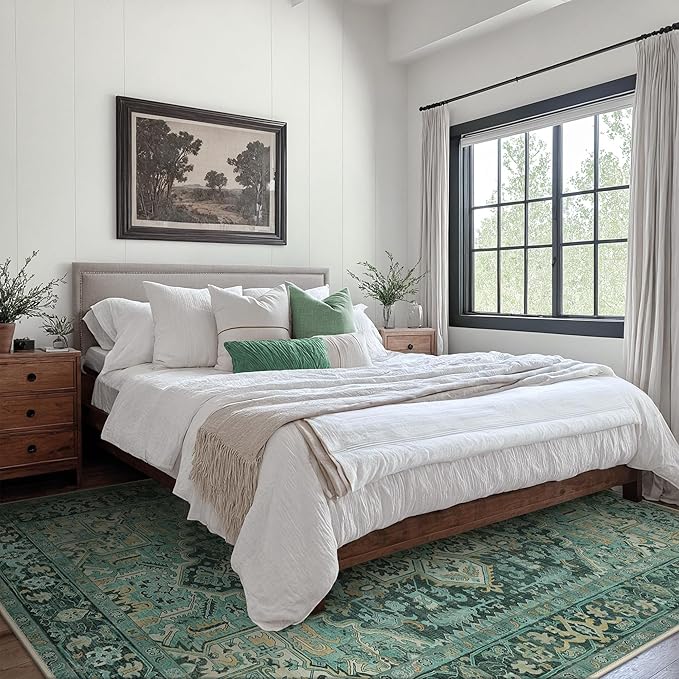 GENIMO Machine Washable 8x10 Area Rugs for Living Room, Non Slip Vintage Rugs, Low Pile Lightweight Chenille Print Rug for Bedroom, Dining Room, Home Office, Turquoise