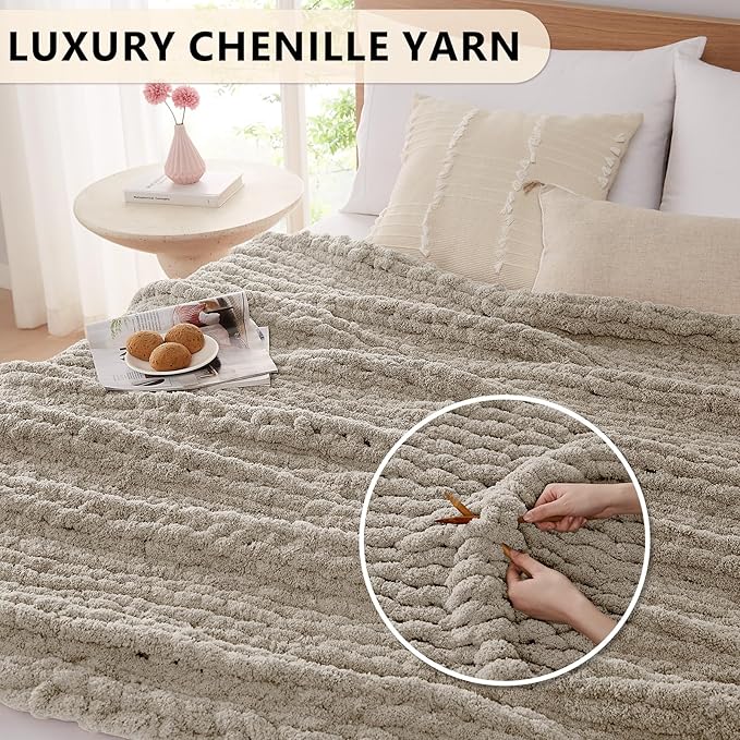 L'AGRATY Chunky Knit Blanket Throw: 60''x80'' Chenille Chunky Knitted Throw Blanket for Bed Couch - Handmade Thick Big Cable Knit Blanket - Large Crochet Rope Blanket for Home Decor(Light Linen)