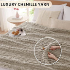 L'AGRATY Chunky Knit Blanket Throw: 80''x90'' Chenille Chunky Knitted Throw Blankets for Bed Couch - Handmade Thick Big Cable Knit Blanket - Large Crochet Rope Blankets for Home Decor(Light Linen)