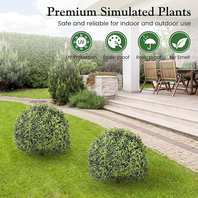 Lewondr Artificial Boxwood Topiary Ball Trees, 22.83'' Fake Plants Outdoor with Ground Spike, Set of 2 UV and Fade Resistant Faux Greenery Shrubs for Outdoor Indoor Front Porch Garden, Green