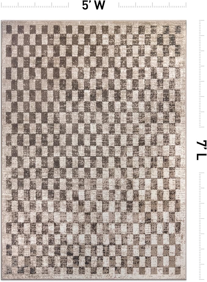 Rugshop Beige Checkered Area Rug – Textured Grid Pattern Carpet for Living Room, Bedroom, or Office – Neutral Contemporary Soft Floor Décor 5' x 7' Beige