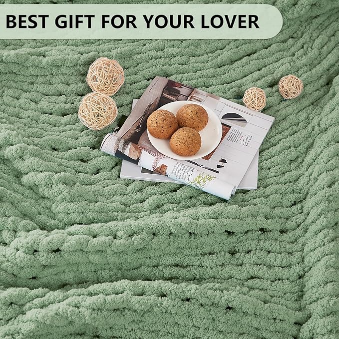 L'AGRATY Chunky Knit Blanket Throw: 72''x84'' Chenille Chunky Knitted Throw Blanket for Bed Couch - Handmade Thick Big Cable Knit Blanket - Large Chunky Crochet Blanket for Home Decor(Sage Green)