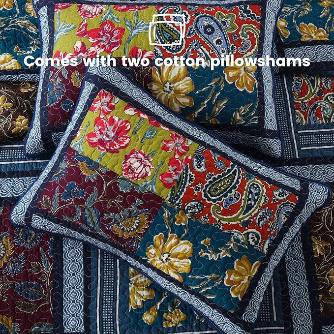 Secgo Queen Comforter Set for Bed - 100% Cotton Quilts Queen Size, Burgundy Bedspreads (90 * 98 Inch) with 2 Pillow Shams, Patchwork Reversible Lightweight Bedding