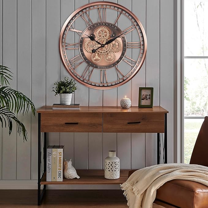 CLXEAST 28 Inch Oversized Large Moving Gears Wall Clock,Industrial Vintage Rose Gold Silent Wall Clock for Modern Farmhouse Living Room Home Decor,Copper Finish