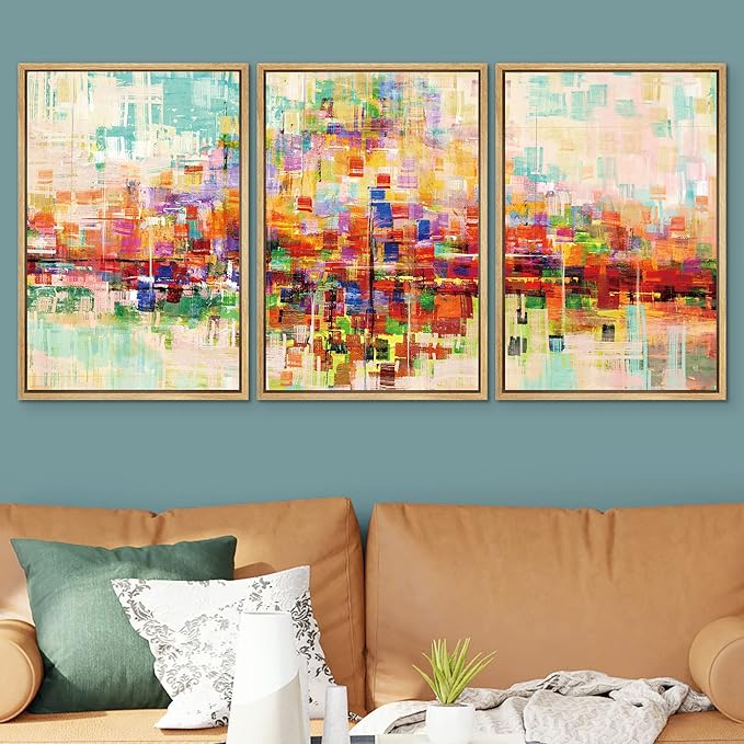 SIGNWIN Framed Canvas Wall Art Bright neon Color Buildings Block with Reflection Places Cityscape Oil Painting Abstract Modern Panoramic Colorful for Living Room, Bedroom, Office - 16"x24"x3 Natural