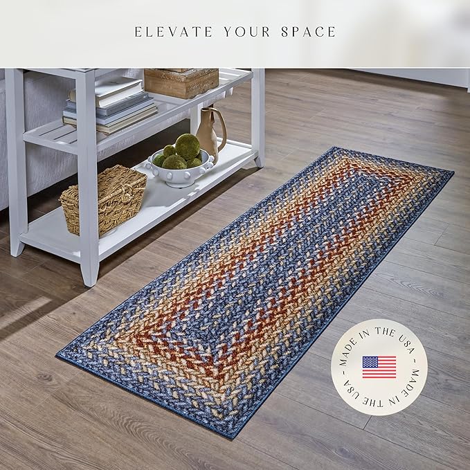 Maples Rugs Marion Bohemian Braided Design Print Runner Rug – Made in USA – Washable, Non Slip Indoor Carpet for Hallway, Kitchen, and Laundry Room, 2' x 6', Multi-Color