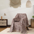 Boho Throw Blanket Full Size, Extra Large Soft Cozy Cotton Muslin Quilt Blanket for Bed Decor, Patchwork Block Couch Sofa Chair Cover, Vintage Farmhouse Cottage Woven Blanket, Brown&White