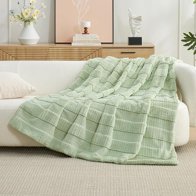 Amélie Home Luxury Striped Faux Fur Throw Blanket for Couch, Embossed Split Fur Cozy Fuzzy Fluffy Luxurious Soft Plush Sofa Chair Bed Gift Blankets for Women Men Wife Friend, 55"x70", Sage Green