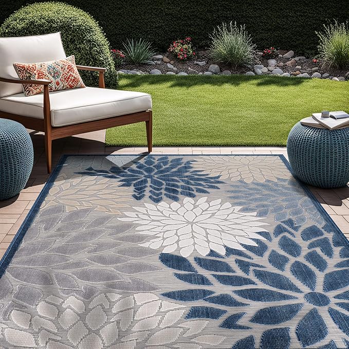 Beverly Rug Outdoor Rug 9x12 Large Modern Floral Tropical Area Rugs for Indoor and Outdoor Patio Easy to Clean Non Shedding Living Room Porch Garden Washable Outside Carpet (9 x 12 Blue)