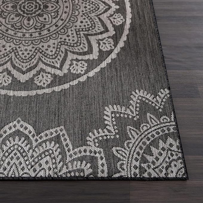 CAMILSON Outdoor Rug 8x10 Modern Area Rugs for Indoor and Outdoor Patios and Porches - Waterproof, Non-Shedding, Easy-to-Clean Outside Carpet (8 x 10, Medallion - Dark Grey/Light Grey)