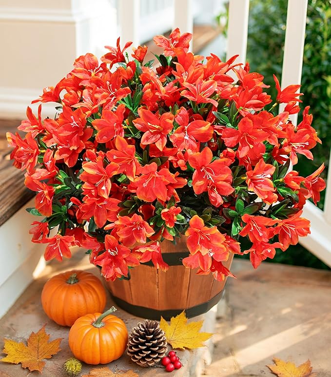 INSPRING Artificial Fall Flowers for Outdoors Decoration, 3 Bundles Fake Silk Azalea Flower Plants Outside UV Resistant Realistic Faux Flowers for Planters Porch Patio Garden Walkways Home, Orange