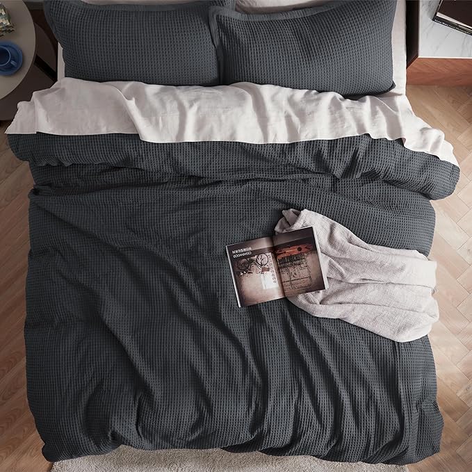 Bedsure Cotton Duvet Cover King - 100% Cotton Waffle Weave Charcoal Duvet Cover King Size, GentleSoft™ and Breathable Bedding Set for All Season, 3 Pieces, 104"x90"