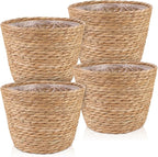 4 Pcs Large Premium Seagrass Planter Basket with Plastic Lining Natural Stylish Planter Baskets Indoor Outdoor Plants Woven Wicker Baskets for Plants Flower Pots Cover and Room Decor(10.2x7.5x7.5")