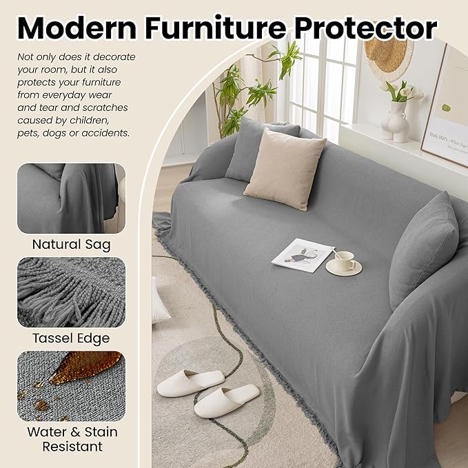 Couch Cover with Tassel for Sectional Couch Washable Stain-Resistant, Pet-Friendly Sofa Cover for L Shaped, Thick Soft Chenille Protector Sofa Slipcover for Dogs & Kids, Grey 71"x 150"