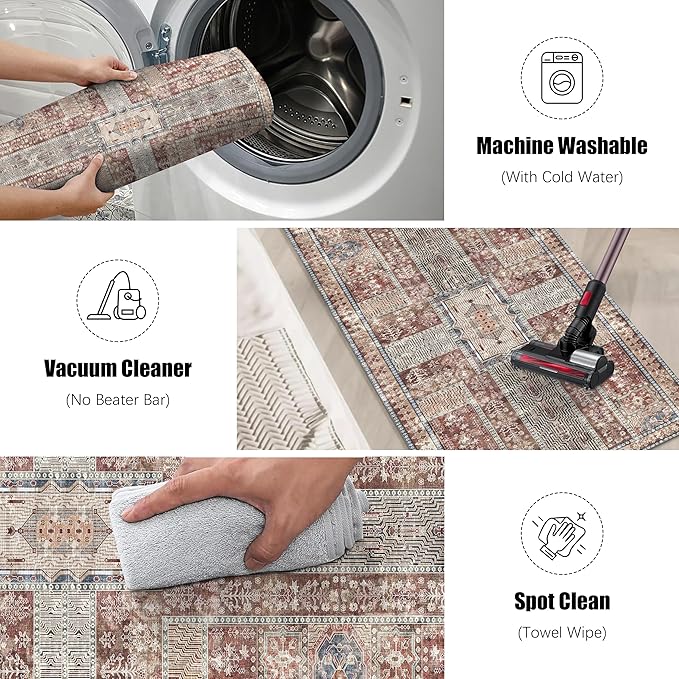 Vintage 2'6'' x 8' Washable Area Rug - Stylish Indoor Rug for Living, Dining or Bedroom - Lightweight Carpet with Non-Slip Backing - Foldable for Easy Placement and Maintenance - Rust